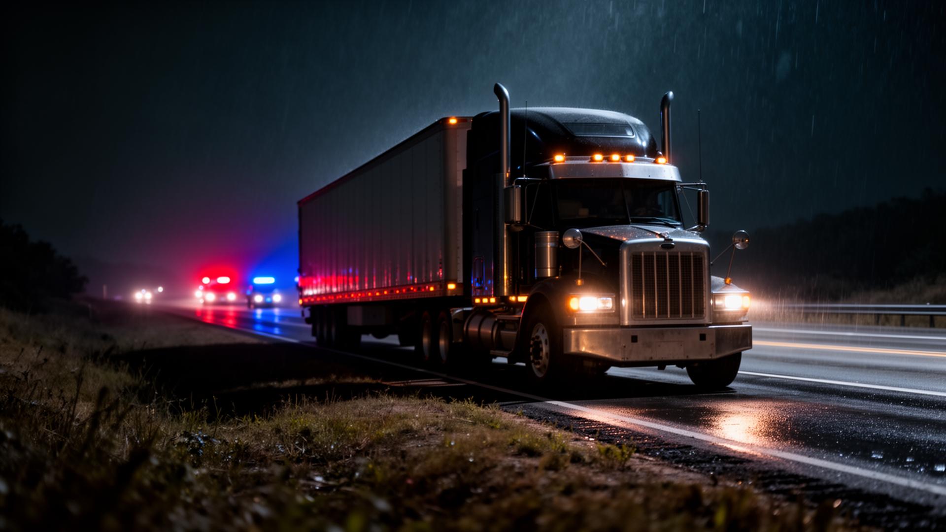 Semi-truck on an American highway shoulder at night